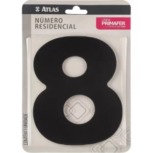 Número Residencial de Alumínio com Adesivo, 8 (oito), Cor Preta, Linha Primafer, Atlas.