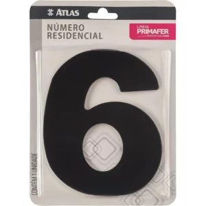 Número Residencial de Alumínio com Adesivo, 6 (seis), Cor Preta, Linha Primafer, Atlas.