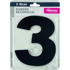 Número Residencial de Alumínio com Adesivo, Número 3 (três), Cor Preto, Linha Primafer, Atlas.