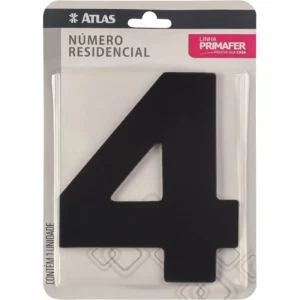 Número Residencial de Alumínio com Adesivo, 4 (quatro), Cor Preta, Linha Primafer, Atlas.