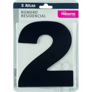 Número Residencial de Alumínio com Adesivo, 2 (dois), Cor Preto, Linha Primafer, Atlas.