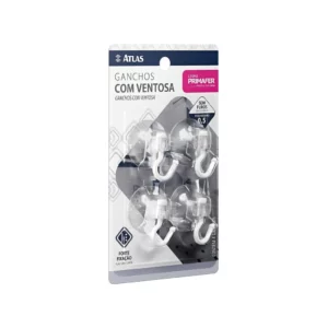 Atlas - Gancho Plástico com Ventosa, Suporta Ate 500g, Cartela com 4 Peças