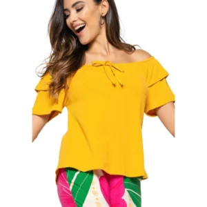 Blusa Ombro a Ombro Canelada Mostarda Salvatore Fashion Tamanho P