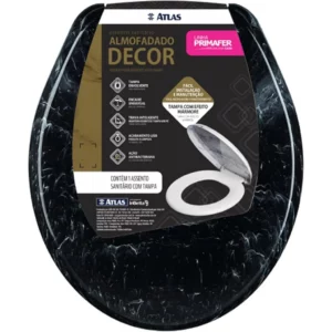 Assento Sanitário Plástico Almofadado, Tampa Efeito Mármore Preto, Linha Primafer, Atlas.